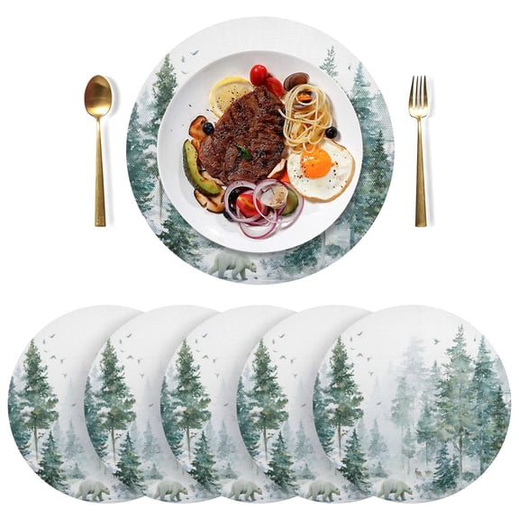 15 Inch Round Grid Plate Mats Heat Non-Slip Resistant PVC Placemats for Kitchen Dining Table Decor Green Snowy Forest Scene 1PCS