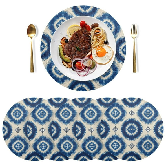 15 Inch Round Grid Plate Mats Heat Non-Slip Resistant PVC Placemats for Kitchen Dining Table Decor Intricate Blue and White Tie-dye 1PCS