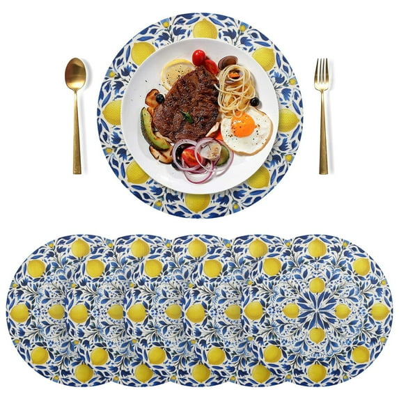 15 Inch Round Grid Plate Mats Heat Non-Slip Resistant PVC Placemats for Kitchen Dining Table Decor Lemons and Leaves Pattern 6PCS