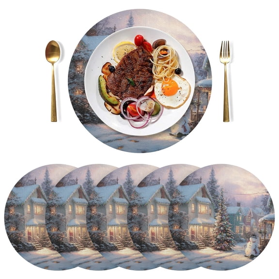 15 Inch Round Grid Plate Mats Heat Non-Slip Resistant PVC Placemats for Kitchen Dining Table Decor Magical Snow-covered Village 4PCS