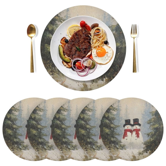 15 Inch Round Grid Plate Mats Heat Non-Slip Resistant PVC Placemats for Kitchen Dining Table Decor Moody Snowman Couple 1PCS