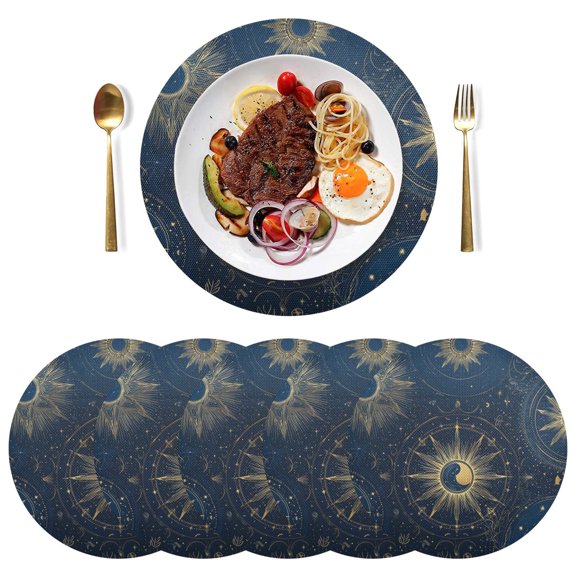 15 Inch Round Grid Plate Mats Heat Non-Slip Resistant PVC Placemats for Kitchen Dining Table Decor Mysterious Celestial Pattern 6PCS