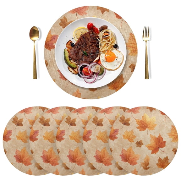 15 Inch Round Grid Plate Mats Heat Non-Slip Resistant PVC Placemats for Kitchen Dining Table Decor Orange Autumn Leaves Pattern 1PCS