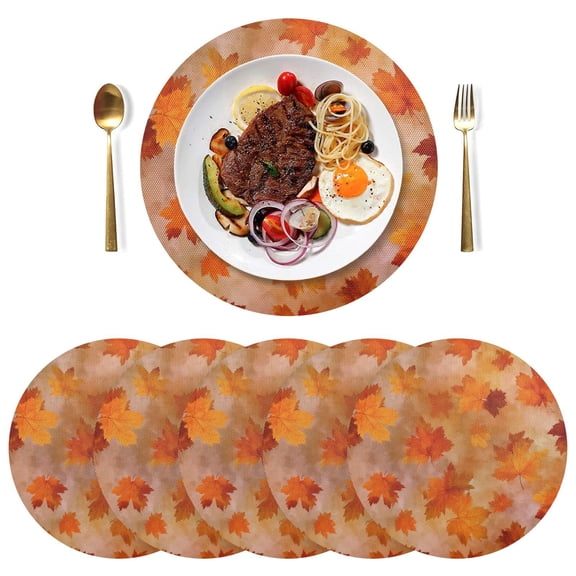 15 Inch Round Grid Plate Mats Heat Non-Slip Resistant PVC Placemats for Kitchen Dining Table Decor Orange and Brown Autumn Leaves 1PCS