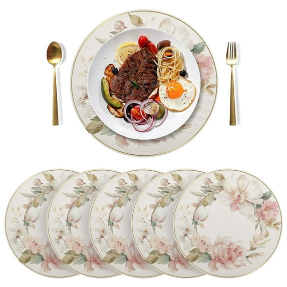15 Inch Round Grid Plate Mats Heat Non-Slip Resistant PVC Placemats for Kitchen Dining Table Decor Orchid Wreath 4PCS