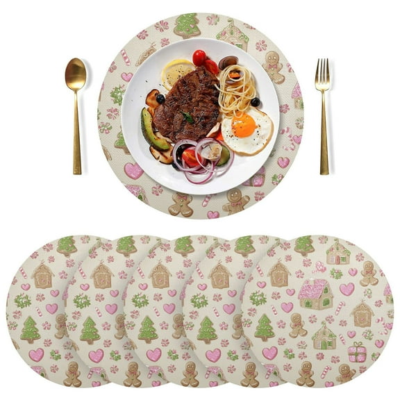 15 Inch Round Grid Plate Mats Heat Non-Slip Resistant PVC Placemats for Kitchen Dining Table Decor Pink Cute Christmas Pattern 1PCS