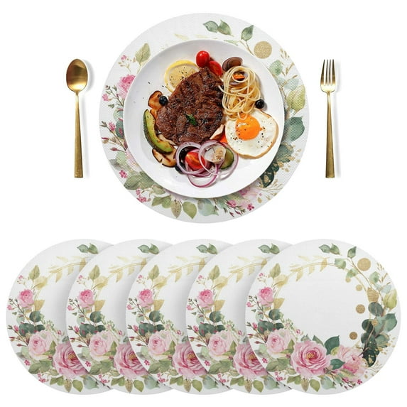 15 Inch Round Grid Plate Mats Heat Non-Slip Resistant PVC Placemats for Kitchen Dining Table Decor Pink Roses and Greenery Wreath 1PCS