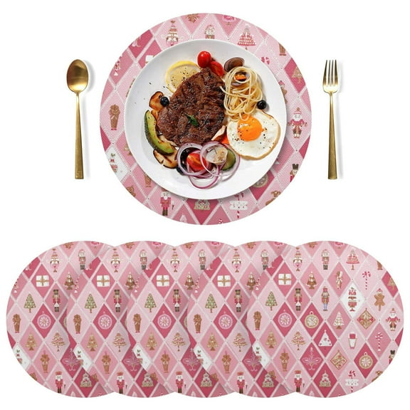 15 Inch Round Grid Plate Mats Heat Non-Slip Resistant PVC Placemats for Kitchen Dining Table Decor Pink and White Christmas Motifs 1PCS