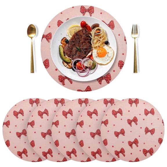 15 Inch Round Grid Plate Mats Heat Non-Slip Resistant PVC Placemats for Kitchen Dining Table Decor Red Bows and Polka Dots 1PCS