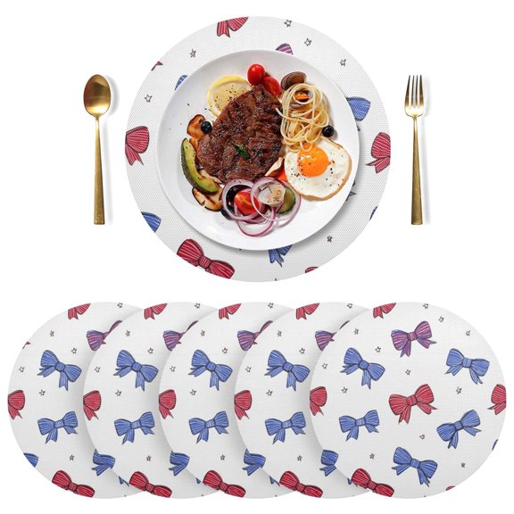 15 Inch Round Grid Plate Mats Heat Non-Slip Resistant PVC Placemats for Kitchen Dining Table Decor Red and Blue Stripe Bows 1PCS