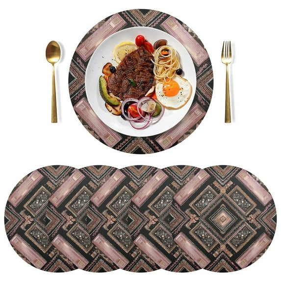 15 Inch Round Grid Plate Mats Heat Non-Slip Resistant PVC Placemats for Kitchen Dining Table Decor Retro Style Shape Pattern 6PCS
