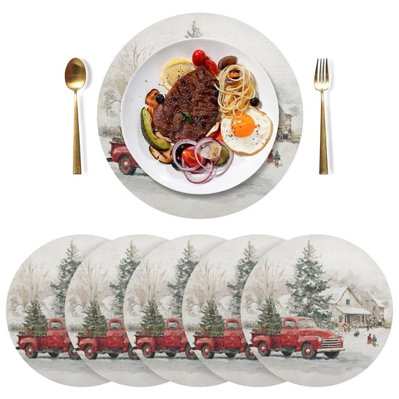 15 Inch Round Grid Plate Mats Heat Non-Slip Resistant PVC Placemats for Kitchen Dining Table Decor Truck with Christmas Decorations 1PCS