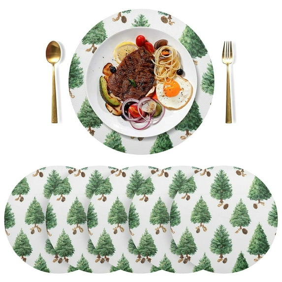 15 Inch Round Grid Plate Mats Heat Non-Slip Resistant PVC Placemats for Kitchen Dining Table Decor Watercolor Green Christmas Tree 4PCS