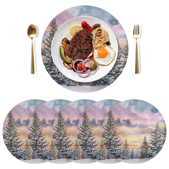 15 Inch Round Grid Plate Mats Heat Non-Slip Resistant PVC Placemats for Kitchen Dining Table Decor Watercolor Winter Landscape 1PCS