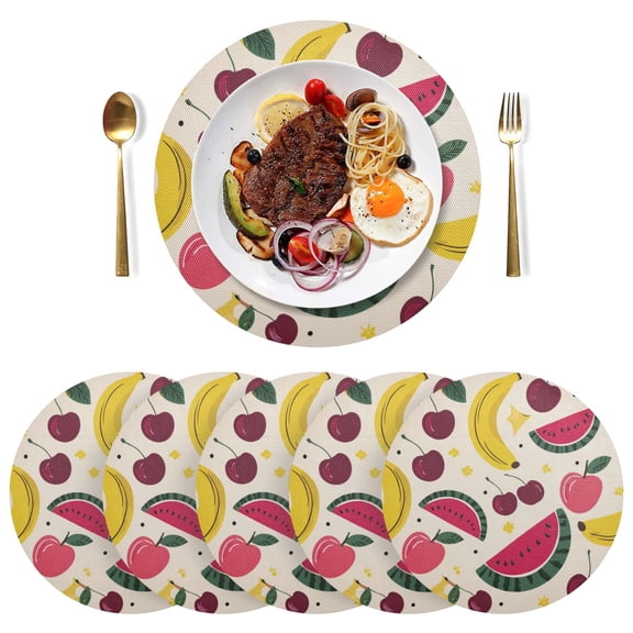 15 Inch Round Grid Plate Mats Heat Non-Slip Resistant PVC Placemats for Kitchen Dining Table Decor Watermelon and Cherries 1PCS