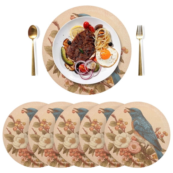 15 Inch Round Grid Plate Mats Heat Non-Slip Resistant PVC Placemats for Table Decor Bluebird on Elegant Branch 1PCS