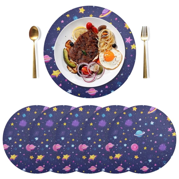 15 Inch Round Grid Plate Mats Heat Non-Slip Resistant PVC Placemats for Table Decor Colorful Stars and Planets Pattern 1PCS