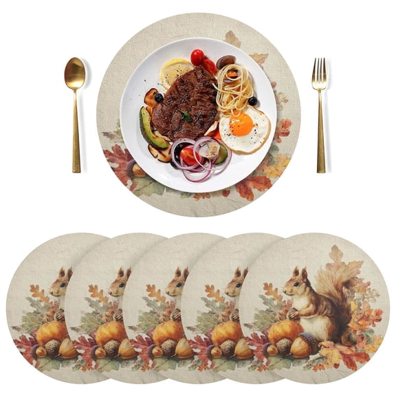 15 Inch Round Grid Plate Mats Heat Non-Slip Resistant PVC Placemats for Table Decor Cute Squirrel with Acorns 1PCS