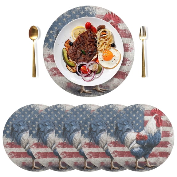 15 Inch Round Grid Plate Mats Heat Non-Slip Resistant PVC Placemats for Table Decor Red White and Blue Rooster 1PCS