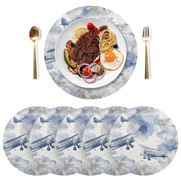 15 Inch Round Grid Plate Mats Heat Non-Slip Resistant PVC Placemats for Table Decor Watercolor Vintage Planes 1PCS