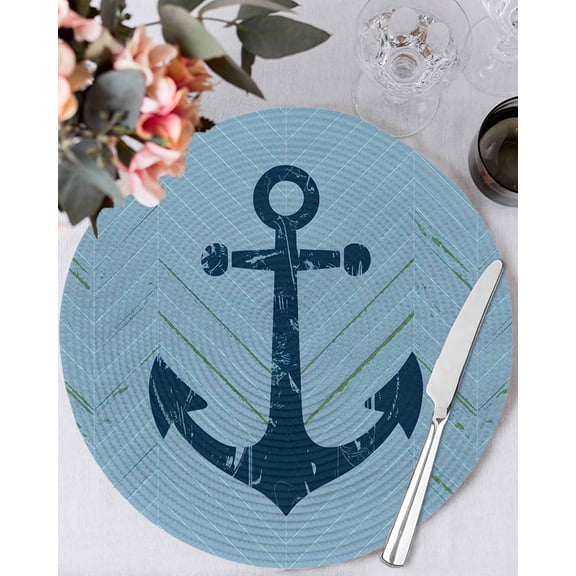 15 Inch Round Placemats Set of 4, Anchor Coastal Non Slip Heat Insulation PP Table Mats, Nautical Navy Blue Ocean Summer Washable Place Mats for Kitchen Dining Party Table Decor