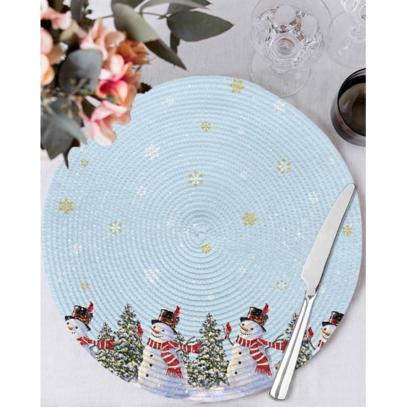 15 Inch Round Placemats Set of 4, Aqua Christmas Snowman Non Slip Heat Insulation PP Table Mats, Winter Xmas Tree Snowflakes Washable Place Mats for Kitchen Dining Party Table Decor