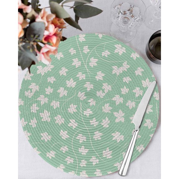 15 Inch Round Placemats Set of 4, Autumn Leaf Non Slip Heat Insulation PP Table Mats, Green Maple Fallen Leaves Solid Color Washable Place Mats for Kitchen Dining Party Table Decor