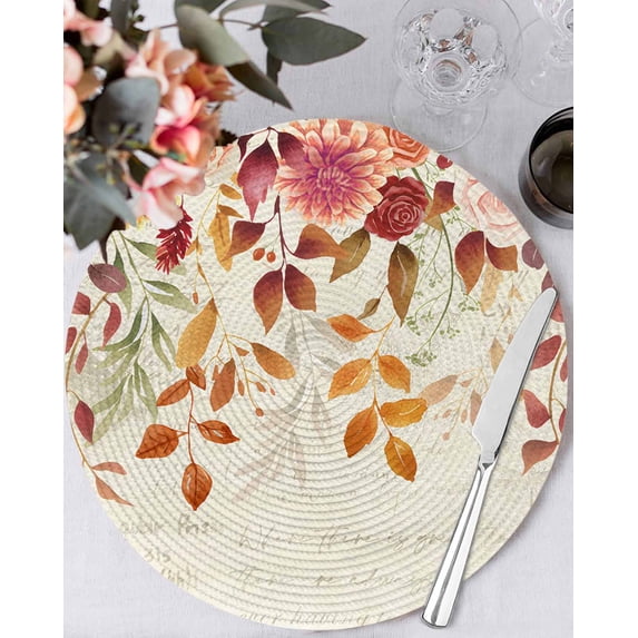 15 Inch Round Placemats Set of 4, Autumn Leaves Non Slip Heat Insulation PP Table Mats, Thanksgiving Retro Eucalyptus Flowers Washable Place Mats for Kitchen Dining Party Table Decor
