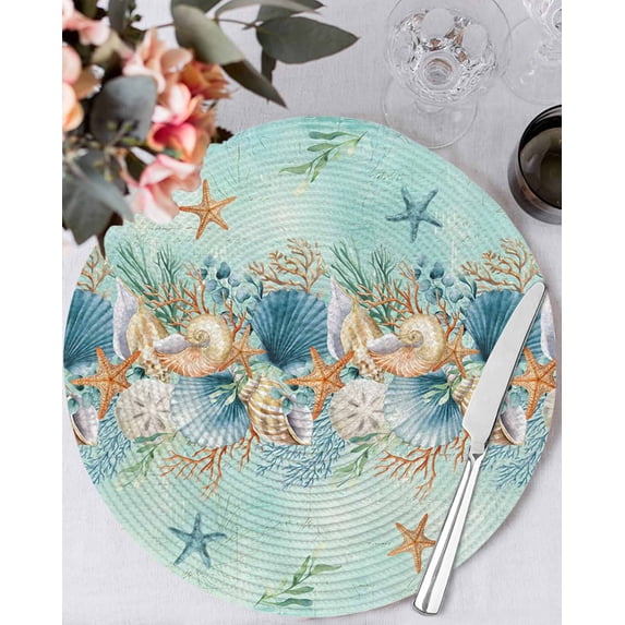 15 Inch Round Placemats Set of 4, Beach Coastal Teal Non Slip Heat Insulation PP Table Mats, Nautical Shell Starfish Coral Summer Washable Place Mats for Kitchen Dining Party Table Decor
