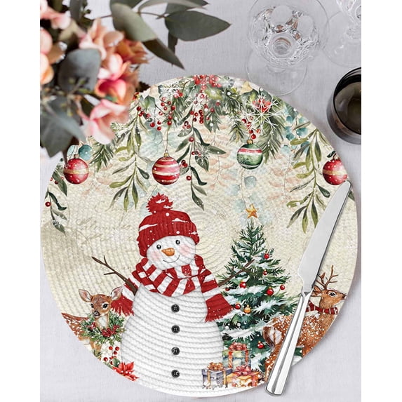 15 Inch Round Placemats Set of 4, Beige Christmas Non Slip Heat Insulation PP Table Mats, Snowman Xmas Tree Elk Poinsettia Washable Place Mats for Kitchen Dining Party Table Decor