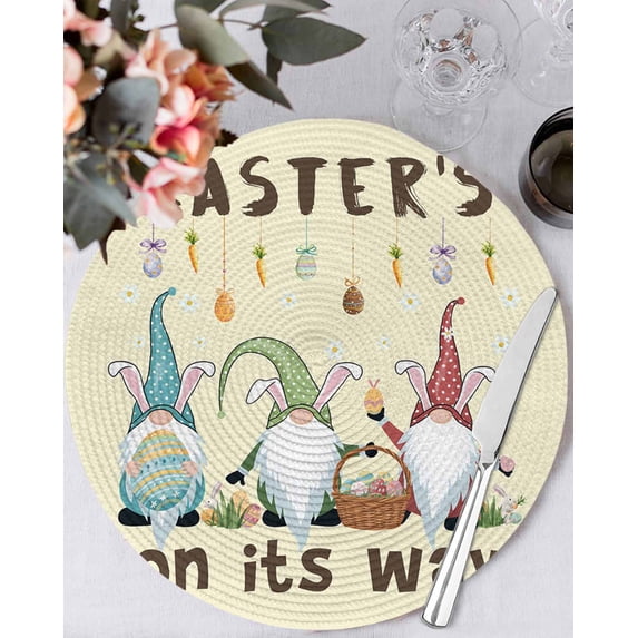15 Inch Round Placemats Set of 4, Beige Gnomes Easter Non Slip Heat Insulation PP Table Mats, Eggs Botanical Carrot Pastoral Washable Place Mats for Kitchen Dining Party Table Decor