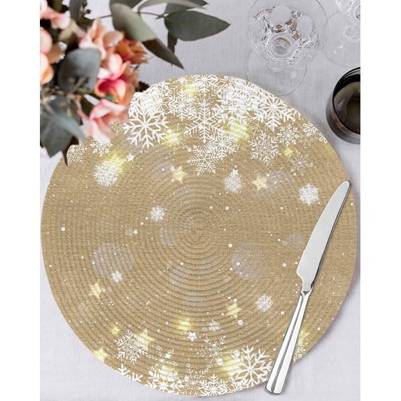 15 Inch Round Placemats Set of 4, Beige Snowflake Christmas Non Slip Heat Insulation PP Table Mats, Winter Xmas Snowflake Farmhouse Washable Place Mats for Kitchen Dining Party Table Decor