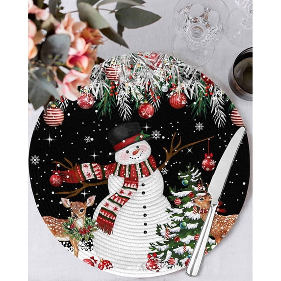 15 Inch Round Placemats Set of 4, Black Christmas Non Slip Heat Insulation PP Table Mats, Snowman Xmas Tree Ball Elk Snowflake Washable Place Mats for Kitchen Dining Party Table Decor