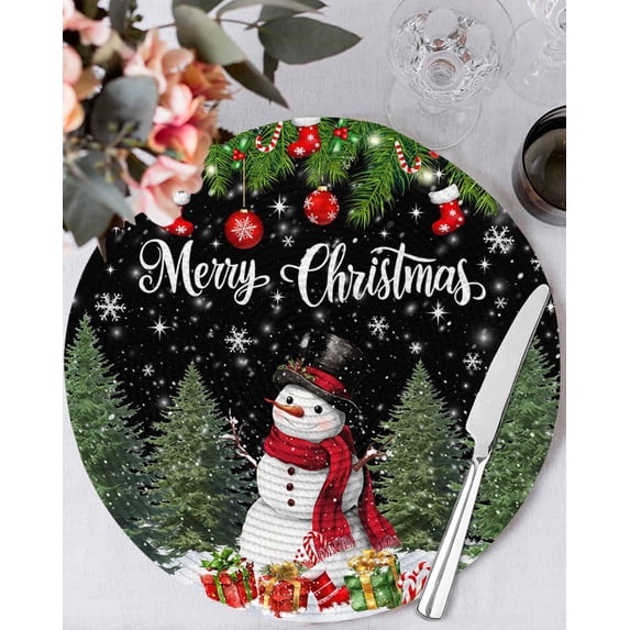 15 Inch Round Placemats Set of 4, Black Christmas Non Slip Heat Insulation PP Table Mats, Xmas Tree Ball Snowflake Winter Gifts Washable Place Mats for Kitchen Dining Party Table Decor