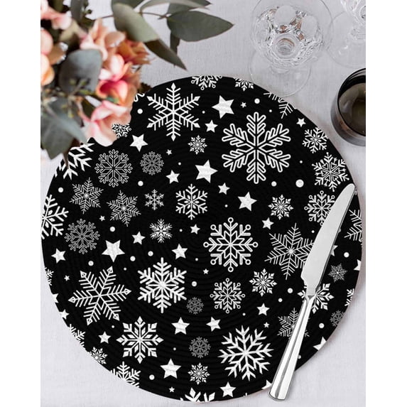15 Inch Round Placemats Set of 4, Black Christmas Snowflakes Non Slip Heat Insulation PP Table Mats, Xmas Winter Modern Washable Place Mats for Kitchen Dining Party Table Decor