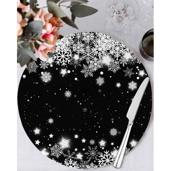 15 Inch Round Placemats Set of 4, Black Christmas Snowflakes Non Slip Heat Insulation PP Table Mats, Xmas Winter Textured Washable Place Mats for Kitchen Dining Party Table Decor