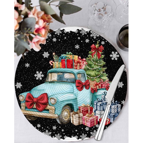 15 Inch Round Placemats Set of 4, Black Christmas Trucks Non Slip Heat Insulation PP Table Mats, Xmas Tree Winter Gifts Snowflake Washable Place Mats for Kitchen Dining Party Table Decor