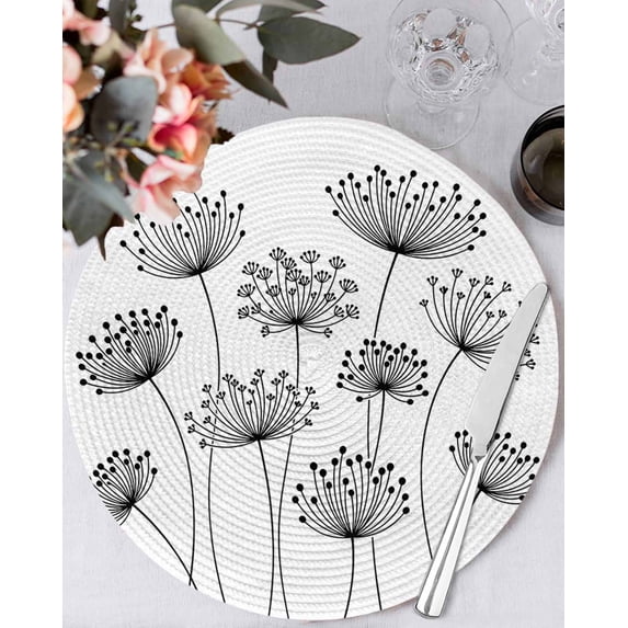 15 Inch Round Placemats Set of 4, Black Dandelion Non Slip Heat Insulation PP Table Mats, Country Modern Minimalist Flower Washable Place Mats for Kitchen Dining Party Table Decor