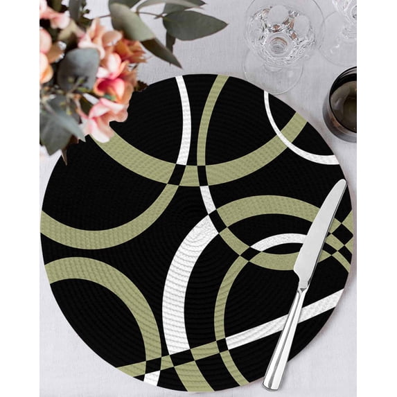 15 Inch Round Placemats Set of 4, Black Geometric Non Slip Heat Insulation PP Table Mats, Modern Sage Green White Striped Art Washable Place Mats for Kitchen Dining Party Table Decor