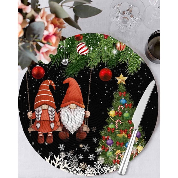 15 Inch Round Placemats Set of 4, Black Gnomes Christmas Non Slip Heat Insulation PP Table Mats, Xmas Tree Balls Snowflake Washable Place Mats for Kitchen Dining Party Table Decor