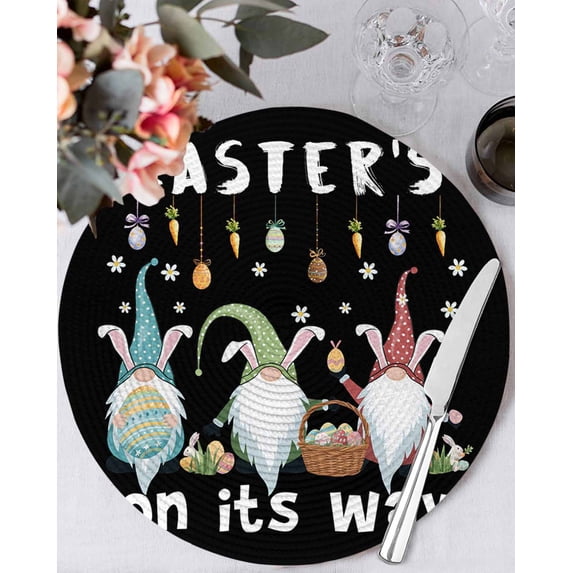 15 Inch Round Placemats Set of 4, Black Gnomes Easter Non Slip Heat Insulation PP Table Mats, Eggs Botanical Carrot Pastoral Washable Place Mats for Kitchen Dining Party Table Decor