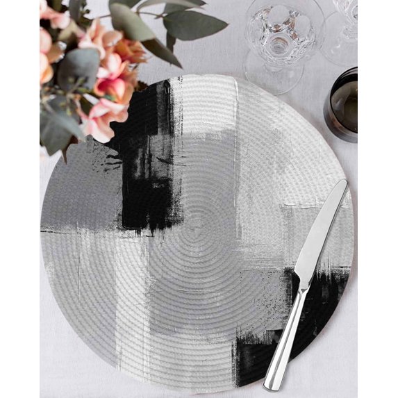 15 Inch Round Placemats Set of 4, Black Grey Non Slip Heat Insulation PP Table Mats, Abstract Geometric Color Block Oil Painting Washable Place Mats for Kitchen Dining Party Table Decor