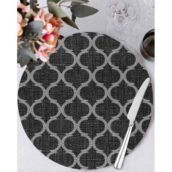 15 Inch Round Placemats Set of 4, Black Morocco Non Slip Heat Insulation PP Table Mats, Boho Vintage Quatrefoil Geometric Plaid Washable Place Mats for Kitchen Dining Party Table Decor