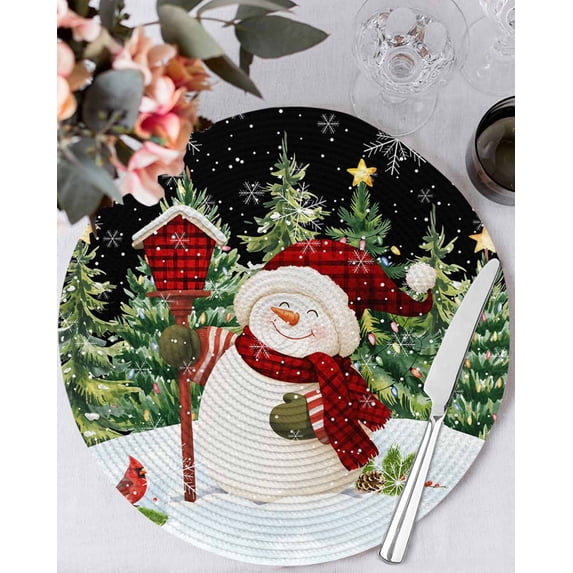 15 Inch Round Placemats Set of 4, Black Snowman Christmas Non Slip Heat Insulation PP Table Mats, Green Xmas Tree Snowflake Winter Washable Place Mats for Kitchen Dining Party Table Decor