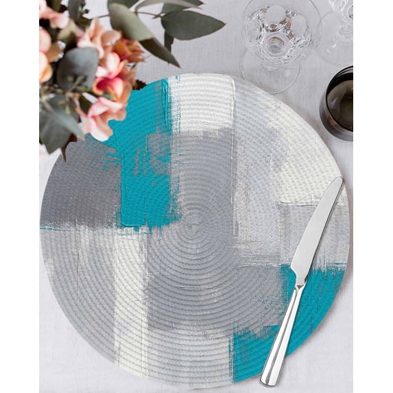 15 Inch Round Placemats Set of 4, Blue Abstract Non Slip Heat Insulation PP Table Mats, Grey Geometric Oil Painting Vintage Gradient Washable Place Mats for Kitchen Dining Party Table Decor