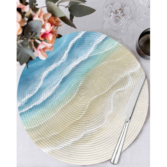 15 Inch Round Placemats Set of 4, Blue Beach Coastal Non Slip Heat Insulation PP Table Mats, Summer Ocean Nautical Seaside Washable Place Mats for Kitchen Dining Party Table Decor