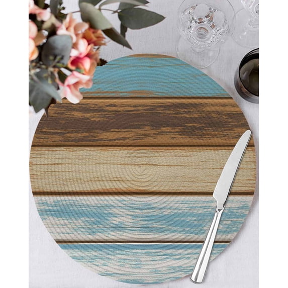 15 Inch Round Placemats Set of 4, Blue Brown Non Slip Heat Insulation PP Table Mats, Farmhouse Rustic Wooden Plank Board Washable Place Mats for Kitchen Dining Party Table Decor