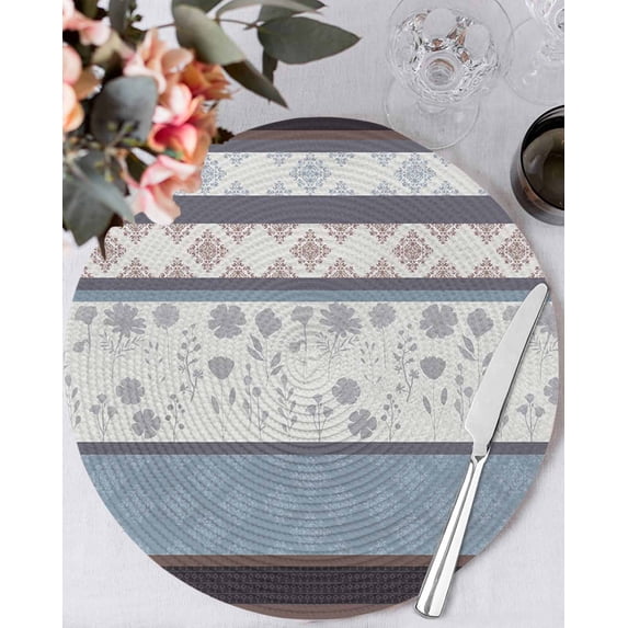 15 Inch Round Placemats Set of 4, Blue Brown Stripes Non Slip Heat Insulation PP Table Mats, Abstract Geometric Spring Flowers Country Washable Place Mats for Kitchen Dining Party Table Decor