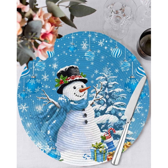 15 Inch Round Placemats Set of 4, Blue Christmas Non Slip Heat Insulation PP Table Mats, Snowman Xmas Tree Ball Gifts Winter Washable Place Mats for Kitchen Dining Party Table Decor