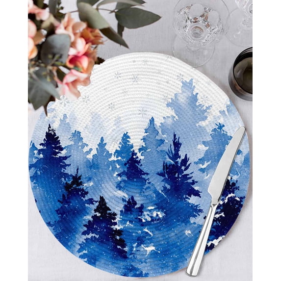 15 Inch Round Placemats Set of 4, Blue Christmas Non Slip Heat Insulation PP Table Mats, Winter Snowflake Abstract Forest Tree Washable Place Mats for Kitchen Dining Party Table Decor